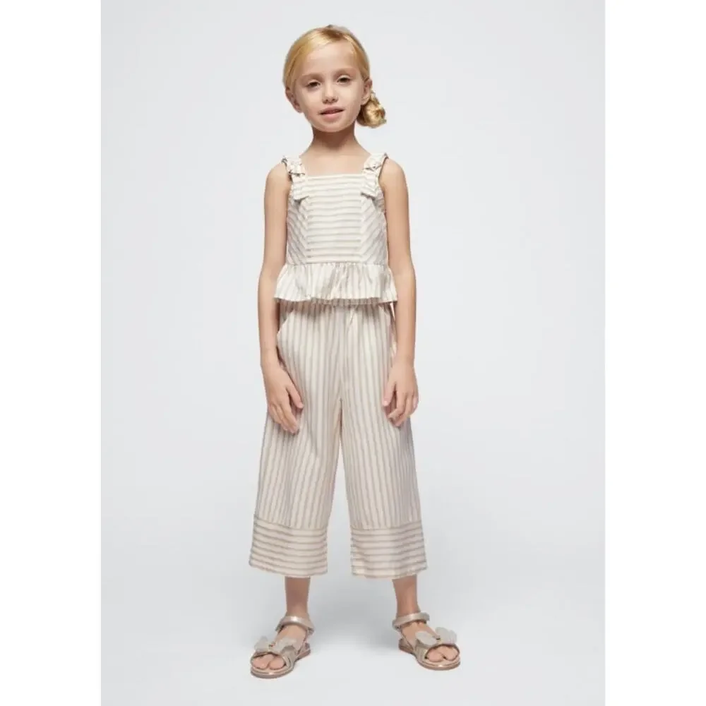 Mayoral Girls Striped Crop Top and Culottes Set - Sleeveless, Ruffle Trim Size 6